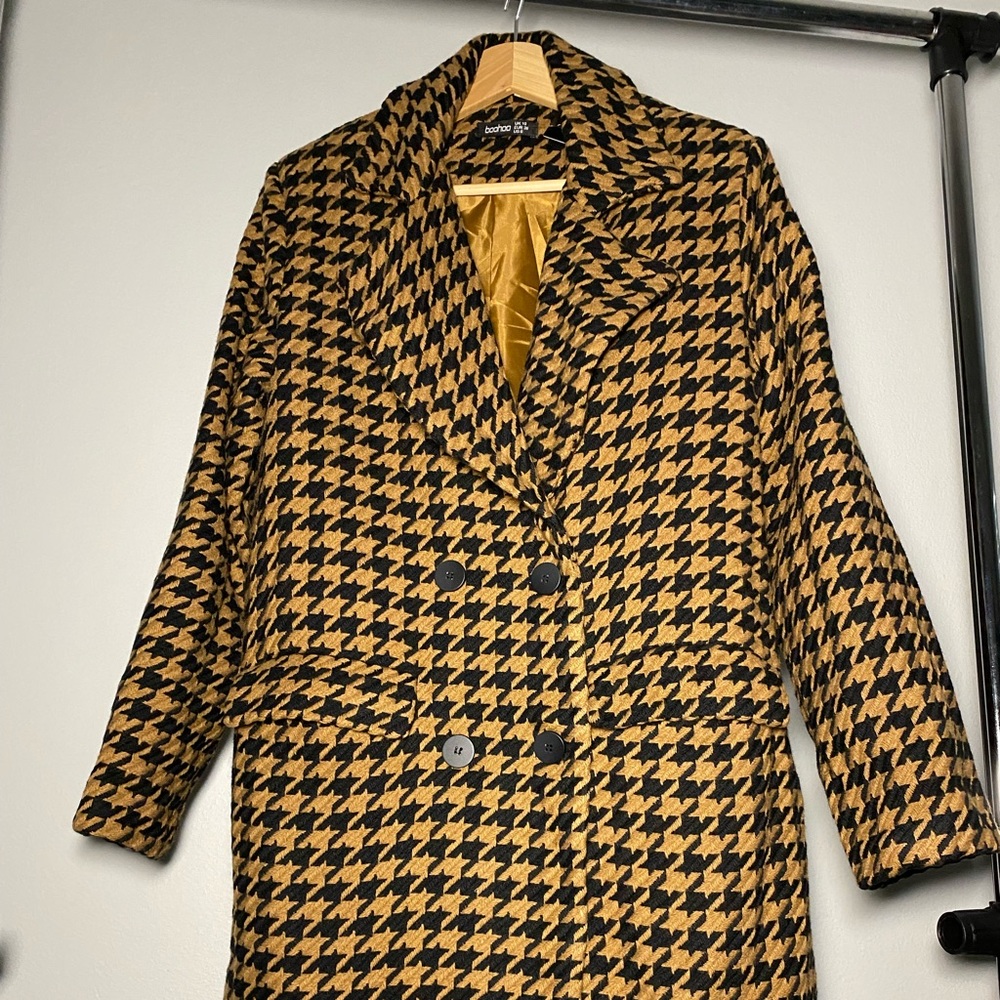 Brown Dogtooth Wool Look Coat